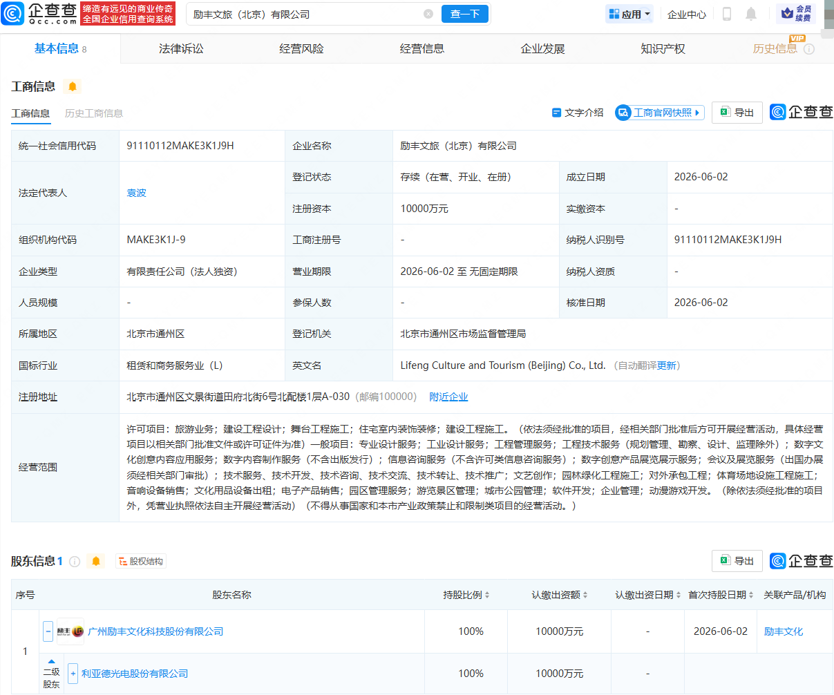 利亚德成立文旅公司 注册资本1亿元 经营范围含用品设备出租
